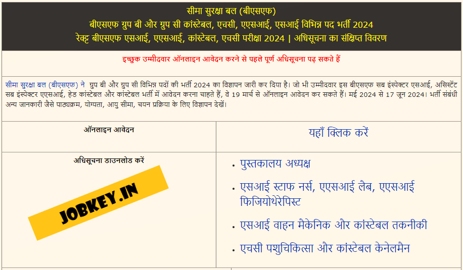 BSF SI ASI HC and Constable Online Form 2024 (jobkey)